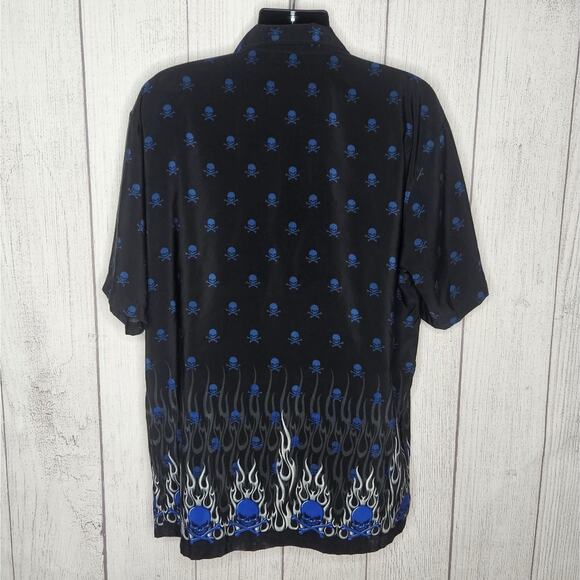 VTG 90s MT:2 Black & Blue Skull & Crossbones with Flames Button Down, size XL - Picture 4 of 5